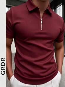 GRDR Men's Summer Polo Collar Half Zip Short Sleeve T-Shirt, Suitable For Outdoor, Vacation And Casual Wear - Burgundy - View 2
