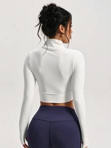 Women's Fashion Solid Color Zip-Up Cardigan Stand Collar Long Sleeve Knit Yoga Casual Sports Jacket - White - View 2