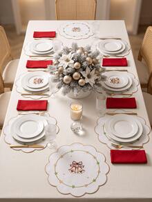 1-12pcs White Christmas Bell Embroidered Placemats, Luxury Fabric Petal Wave Edge Gold Trim Decorative Heat-Resistant Table Mats, Christmas Table Decor - Multicolor - View 10