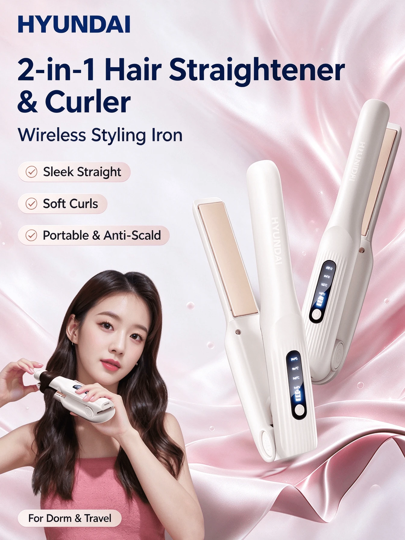 HYUNDAI HD-603-1 Hair Straightener: A Hair Straightener With Both Curling And Straightening Functions. Straightens Bangs And Creates A High Crown. Suitable For Dormitories And Outdoor Use. Long Battery Life And Anti-Scalding Design. - Black - View 1