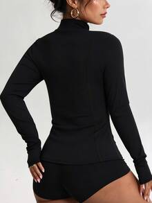 Women's Fashion Solid Color Zipper Mock Neck Long Sleeve Yoga Casual Sports Knit Jacket - Black - View 2