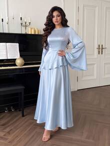 Women's Elegant Light Blue A-Line Maxi Dress, Ruffle Hem, Long Sleeve Round Neck Woven Fabric Formal Gown - Dusty Blue - View 2