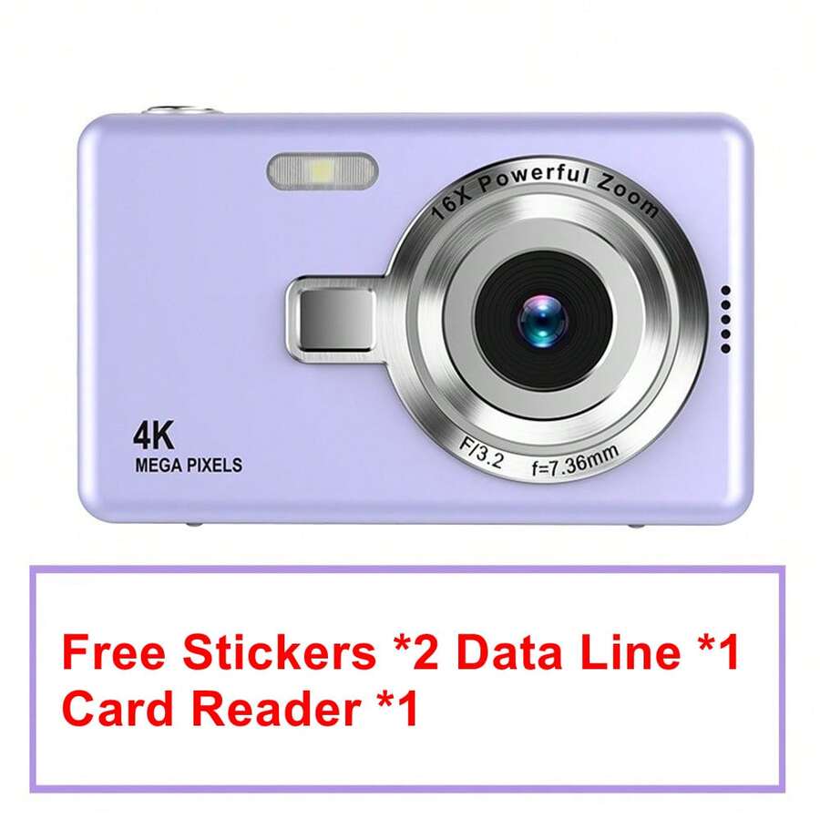 Cámara de vlogging de 50MP 4K con zoom óptico 16X, enfoque automático, estabilización de imagen, adecuada para adolescentes, adultos y principiantes, cámara digital compacta y portátil para uso doméstico, incluye lector de tarjetas de regalo (Morado)