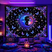 2D Flat Pattern, Single Sun And Moon Tapestry, Black Background With Starry Sky And Butterfly Carving, Sun And Moon Goddess Design, Glows Under Fluorescent Light, Suitable For Wall Decor, Bedroom Background Decoration, Party Decoration - Multicolor - View 2