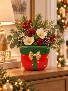 1pc Christmas Tabletop Decor Set, Cute Holiday Flower Vases In Tree And Present Designs, Festive Red Green Centerpieces For Living Room, Dining Table, Fireplace Mantel And Shelf - A - View 12