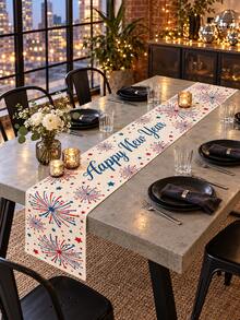1pc Happy New Year Table Runner, Cream White With Red & Blue Firework And Star Print, Festive New Year's Eve Party Table Decor For Countdown Celebration, Holiday Dinner, Kitchen & New Year Home Decor - Multicolor - View 4