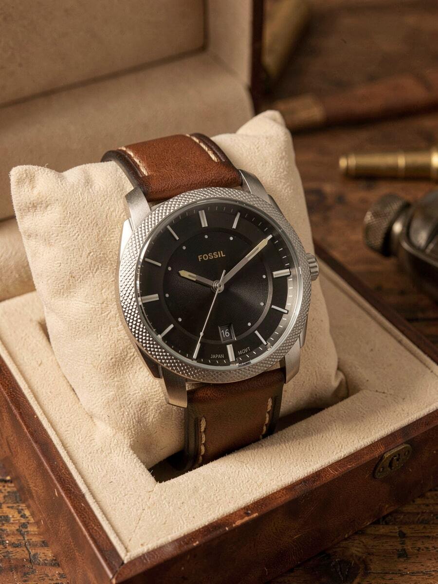 Fossil FS6081SET Machine Men's Quartz Watch Gift Set, 42mm Black Dial Brown Leather Watch & Stainless Steel Bracelet - Silver - View 1