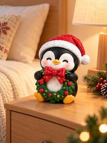 1pc Christmas Penguin Figurines, Cute Sitting Penguins In Red Santa Hats With Wreath, Tree & Gift Box Details, Festive Tabletop Decorations For Mantel, Shelf & Living Room, Holiday Gift For Penguin Lovers - 1PC - View 3