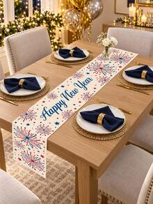 1pc Happy New Year Table Runner, Cream White With Red & Blue Firework And Star Print, Festive New Year's Eve Party Table Decor For Countdown Celebration, Holiday Dinner, Kitchen & New Year Home Decor - Multicolor - View 1