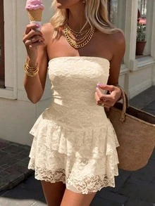 Dila Polly Women's Solid Color Lace Fitted Strapless Sweet Sexy Mini Dress (Apricot) - Suitable For Autumn And All Seasons - Apricot - View 4