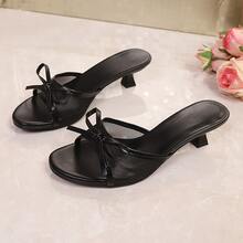 Women's Elegant Mesh Bow Open Toe Kitten Heel Mule Slides, Summer Outdoor Slip-On Sandals - Black - View 11