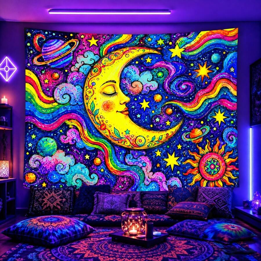 2D Flat Pattern Tapestry, Featuring A Sun And A Moon, With Vibrant Starry Sky And Constellation Patterns. It Glows Under Fluorescent Light, Suitable For Wall Decoration, Bedroom Background Decoration, And Party Decoration. - Multicolor - View 1