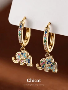 CHICAT 2pcs/Set Gold-Plated Elephant Pendant Earrings, Cubic Zirconia Inlaid, Thick Gold Hoop Earrings, Bohemian Style Good Luck Elephant Pendant Earrings - Gold - View 3