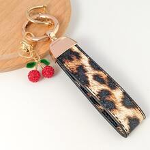 Short Leopard Print Keychain With Rhinestone Cherry Charm, YK2 Fashion Leopard Pattern Unisex Leather Keychain, Exquisite Women's Keychain With Double Leather Strap, Suitable For Any Car Model, Premium Car Keychain - Rhinestone Cherry Style - View 5