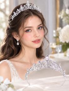 1PC Silver Rhinestone Princess Tiara, Elegant Crystal Crown Headband, Royal Bridal Headpiece For Women, Wedding, Birthday, Prom, Party - Silver - View 1
