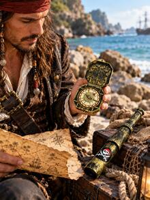 2pcs Pirate Costume Accessories, Vintage Telescope And Compass, Plastic Pirate Props, Suitable For Halloween Cosplay, Treasure Hunt Games, Theme Parties - Multicolor - View 2