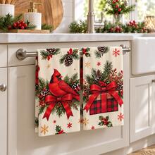 2pcs Christmas Kitchen Towels Watercolor Red Cardinal & Pinecone Print, Holiday Home Decor Opening Gift Suitable For Kitchen, Bathroom, Toilet, Winter Home Decor, Christmas Gift Set - Multicolor - View 2