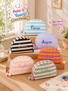 Tas Kosmetik Bergaris Bordir Kustom, Tas Penyimpanan Kosmetik dengan Nama yang Dipersonalisasi, Resleting dan Pom Pom, Tas Penyimpanan Perlengkapan Mandi Kanvas Warna-warni untuk Perjalanan, Tas Penyimpanan dengan Bordir Huruf, Hadiah yang Dipersonalisasi - MultiWarna - View 2