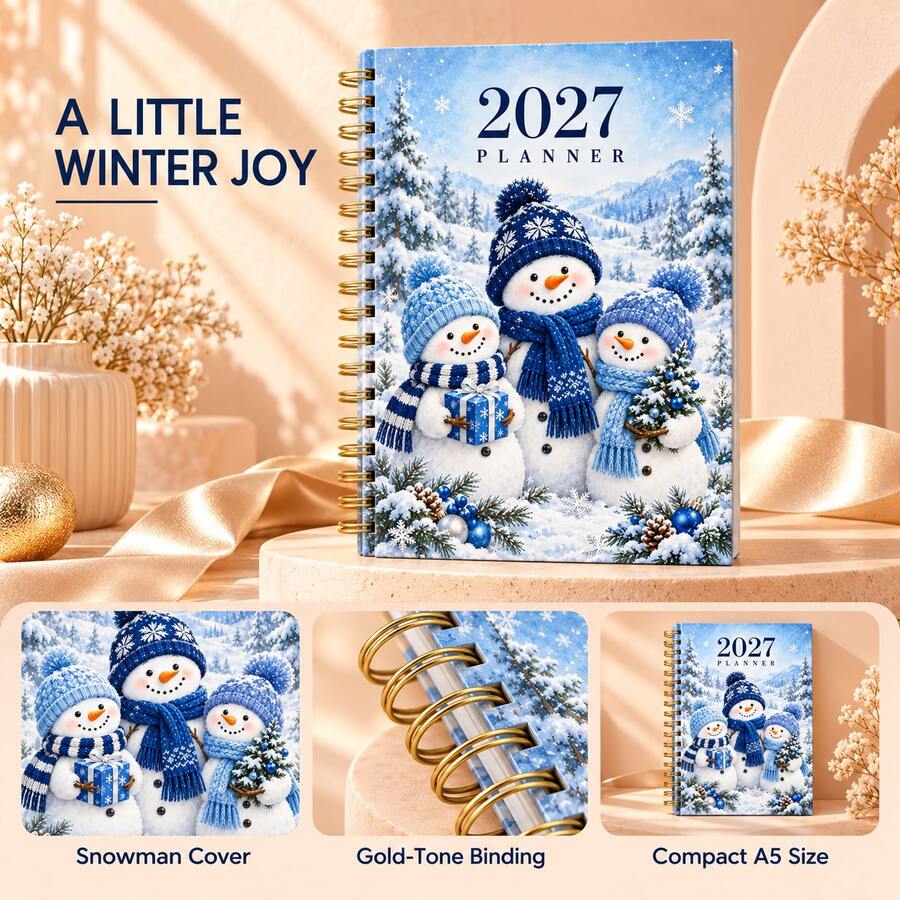 2027 Winter Blue Snowman Coil Planner, Ice & Snow Forest Cartoon Cover Notebook, Fresh Blue Christmas Theme Weekly & Monthly Planner, Highly Attractive Time Management Check-In Book, Suitable For Students & Office Workers, Winter Creative Notebook For Recording Annual Goals, To-Do Lists & Daily Reflections - Style 1 - View 1