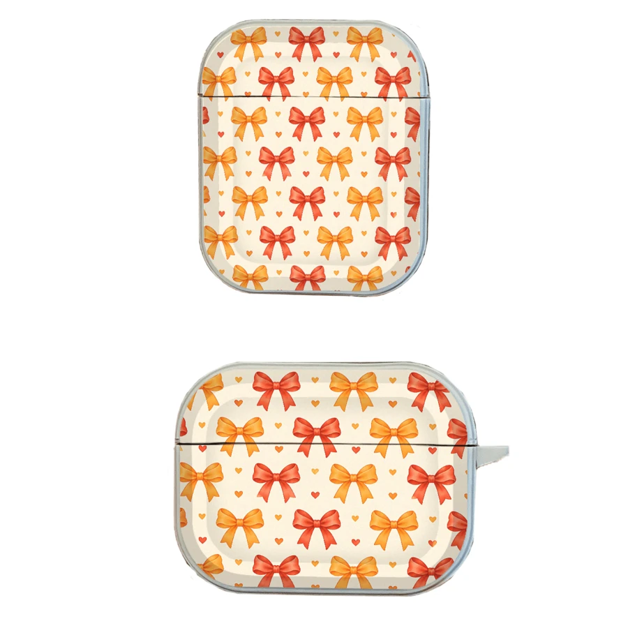 1PC Warm Orange-Red Bow Full Print Earphone Protective Case Compatible With AiPods1/2, AirPods3, AirPods4, AirPods5, AirPodsPro, AirPodsPro3 Full Coverage Anti-Drop Transparent Soft Shell With Hook - White - View 1