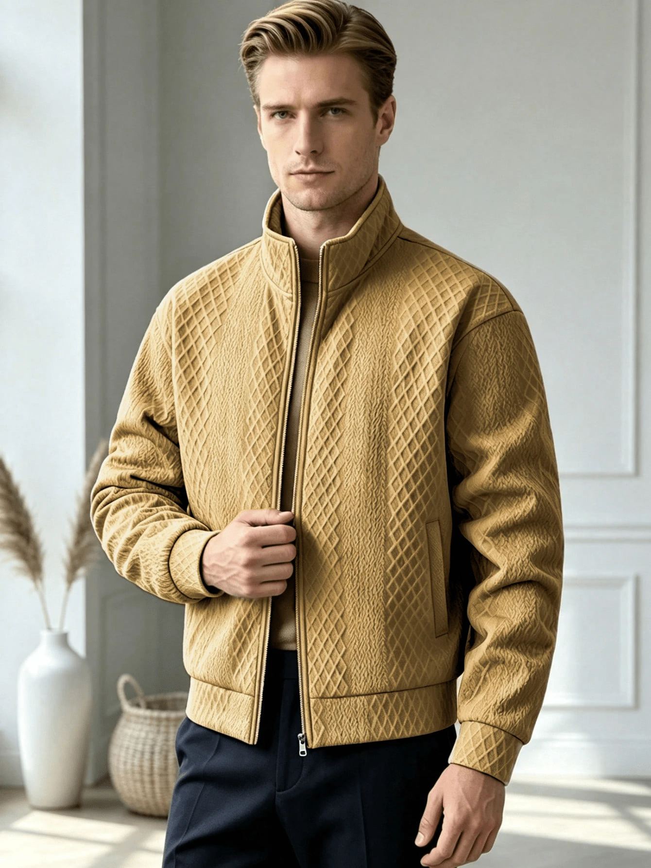 Men's Fleece Lined Jacket, Casual Daily Wear, Diamond Jacquard, Autumn Standard Fit, Zipper Closure, Ribbed Cuffs And Hem, Polyester Spandex Blend, Khaki Color - Khaki - View 1