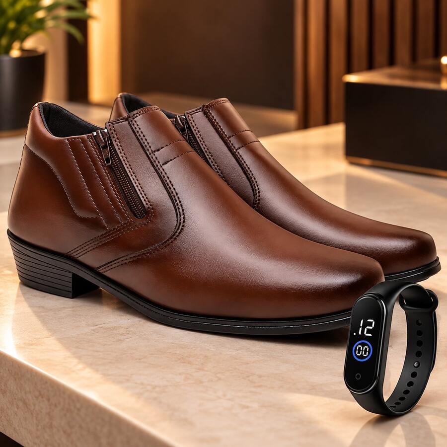 Bota Botina Masculina Preta e Café Kit Com Relógio Digital - Café - Visão 1