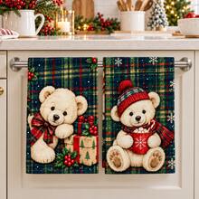 2pcs Plush Teddy Bear & Snowflake Christmas Kitchen Towels With Hot Cocoa & Candy Cane Pattern, Suitable For Kitchen, Bathroom, Toilet Holiday Kitchen Decor, Winter Home Decoration, Christmas Gift Set - Multicolor - View 1