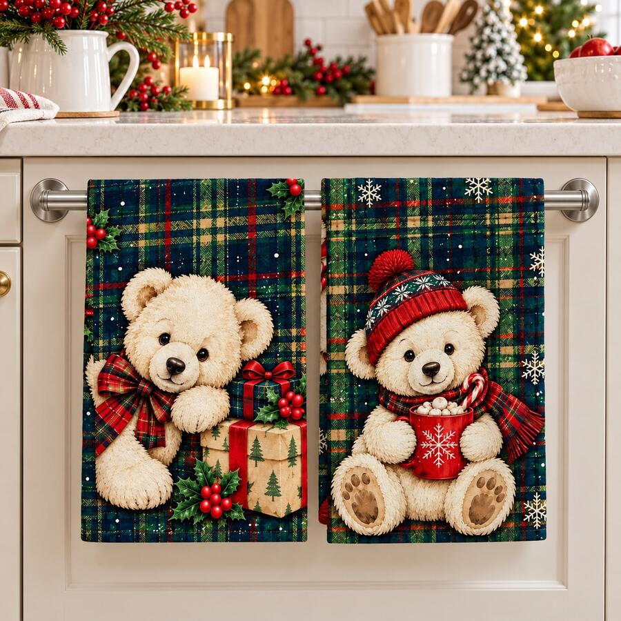 2pcs Plush Teddy Bear & Snowflake Christmas Kitchen Towels With Hot Cocoa & Candy Cane Pattern, Suitable For Kitchen, Bathroom, Toilet Holiday Kitchen Decor, Winter Home Decoration, Christmas Gift Set - Multicolor - View 1