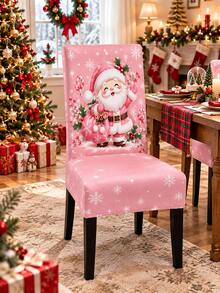 1PC/2PCS/4PCS/6PCS Blush Pink Christmas Chair Covers, Santa Claus Snowflake Berry Print High Back Dining Chair Slipcovers, Cute Girly Holiday Chair Decor For Christmas Party, Family Dinner & Winter Season - A - View 14