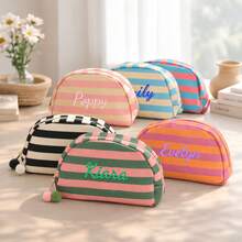 Tas Kosmetik Bergaris Bordir Kustom, Tas Penyimpanan Kosmetik dengan Nama yang Dipersonalisasi, Resleting dan Pom Pom, Tas Penyimpanan Perlengkapan Mandi Kanvas Warna-warni untuk Perjalanan, Tas Penyimpanan dengan Bordir Huruf, Hadiah yang Dipersonalisasi - MultiWarna - View 5