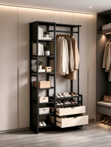 Open Metal Garment Rack With Drawers & Shoe Shelf, Heavy Duty Clothes Hanging Organizer, Space Saving Open Wardrobe For Bedroom Balcony Dorm, Perfect For Apartment Renters - Multicolor - View 3