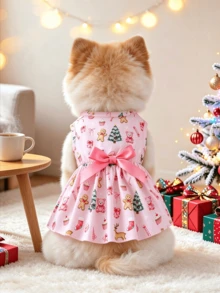 Pink Christmas Pet Dress Gingerbread Man Christmas Tree Bow Dog Princess Dress For Bichon Teddy Small Dogs Holiday Clothes - Pink - View 10