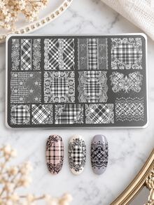 Vintage Lace Plaid Print Steel Plate, Suitable For Salon Nail Art Home Creation, Daily Fingertip Design, Plaid Floral And Rhombus Pattern, Heart Pattern With Lace Trim Decoration, French Sweet Style Design, Nail Pattern Transfer Template - Multicolor - View 4