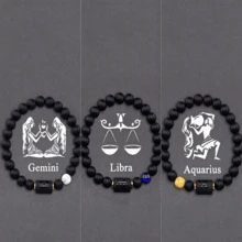 (1/3/12件) 十二星座手鍊，天然石珠彈力手鍊，情人節或生日禮物，適合情侶與朋友，聖誕手鍊，女性配件，男性禮物 - 黑色 - 查看 25