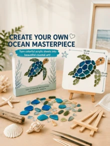 2pcs DIY Art Set, Ocean Theme Diamond Painting, Includes Canvas, Easel, Stickers, Tweezers, Acrylic Fragments, Gift Box Packaging, Create Ocean Theme Artworks With Colorful Acrylic Fragments, Suitable For Coastal Home Decor And Creative Handmade Gifts - Sets - View 8