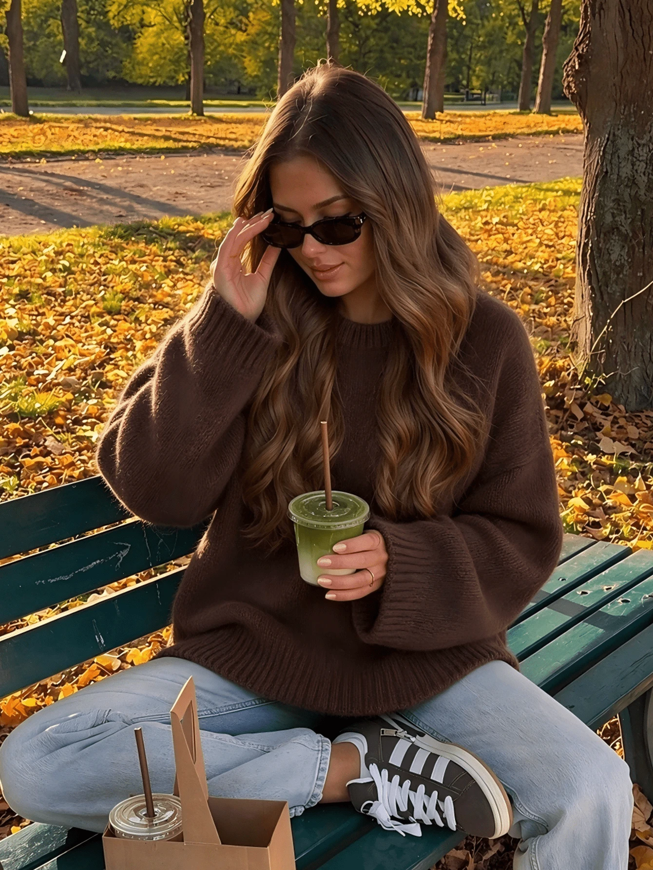 Women's Round Neck Dropped Shoulder Knit Sweater, Loose Fit Solid Color Basic Pullover Top, Vintage Style, Suitable For Commuting - Coffee Brown - View 1