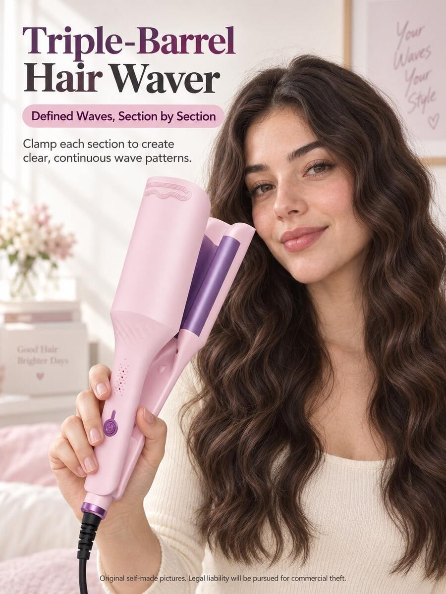 Triple Barrel Hair Curler, Ceramic Curling Iron For Hair And Hair Curlers, Light Pink And Purple Beach Waver, Hair Tools For Styling Curls, Hair Salon Supplies And Salon Equipment, Travel Essentials For Women, Wedding Party And Date Night Styling - 查看 1