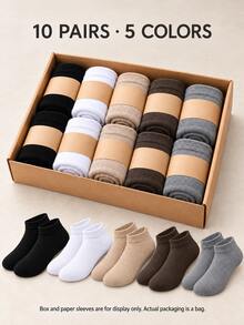 10 đôi tất nam cổ thấp ngắn bằng cotton, tất thuyền cơ bản trơn 5 màu, unisex, phù hợp mặc thường ngày và đi làm - Nhiều màu - Xem 5