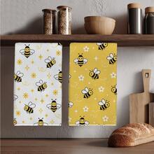 Cartoon Bee & Flower Pattern Kitchen Towel 2 Pieces Set, 40*60cm Soft Microfiber Material, Suitable For Home Kitchen Restaurant Outdoor Camping Tabletop Cleaning Dish Cloth Hand Towel Accessories, Fresh Pastoral Style Kitchen Towel Holiday Gift - Multicolor - View 1
