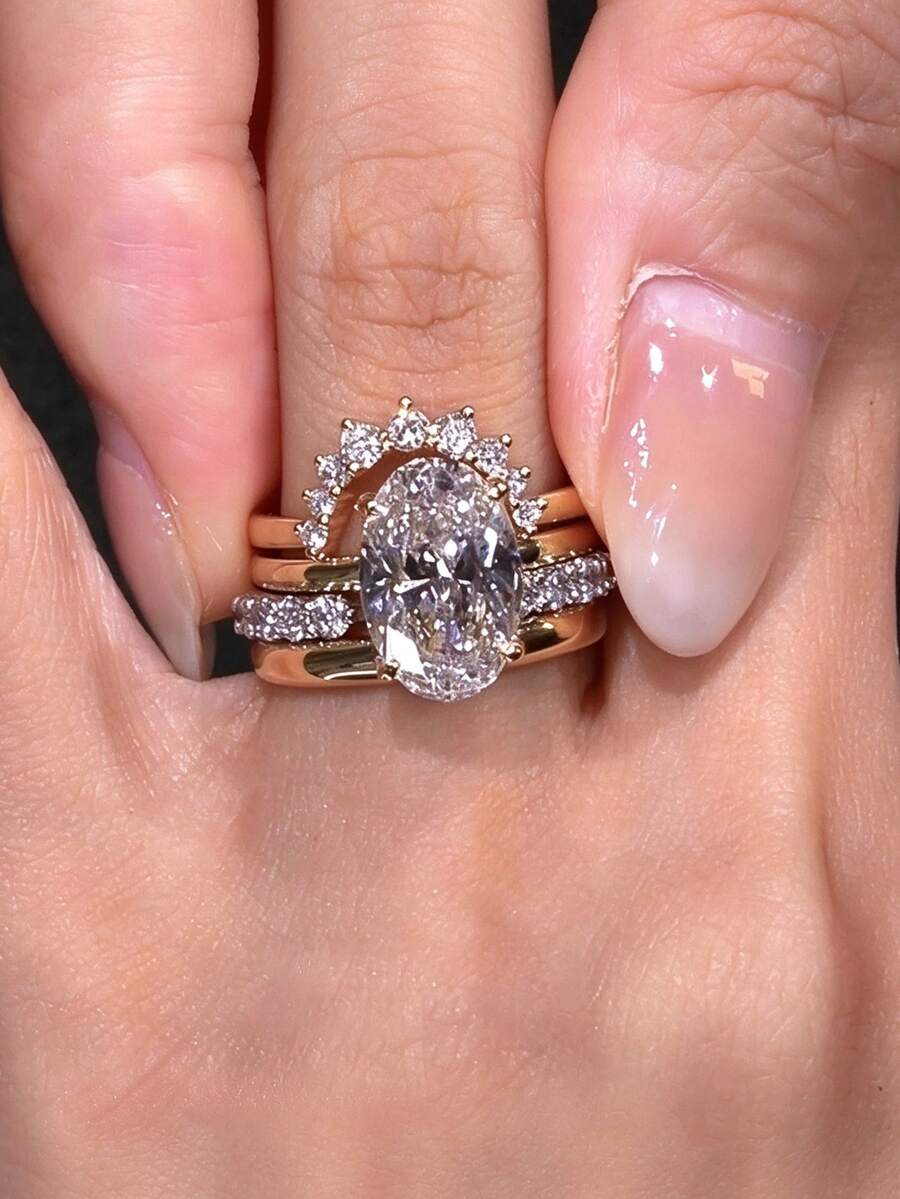 4pcs/Set Women's Gold-Plated Stackable Ring Set, Sparkling Oval Zirconia Rings, Versatile Stackable Rings, Can Be Worn Individually Or Combined, Suitable For Daily, Wedding, Party, Formal Occasions, Women's Fashion Jewelry Gift - Gold - View 1