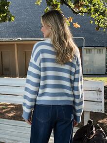 Women's Elegant White & Blue Colorblock Round Neck Dropped Shoulder Striped Long Sleeve Wool Blend Sweater, Suitable For Autumn & Winter - Multicolor - View 2