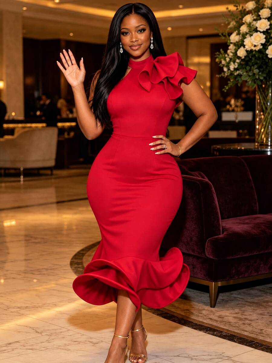AOMEI Women's Elegant Charming Red Backless Sexy Asymmetric Neckline Ruffle Mermaid Hem Fitted Dress Fall Wedding Party - Red - View 1