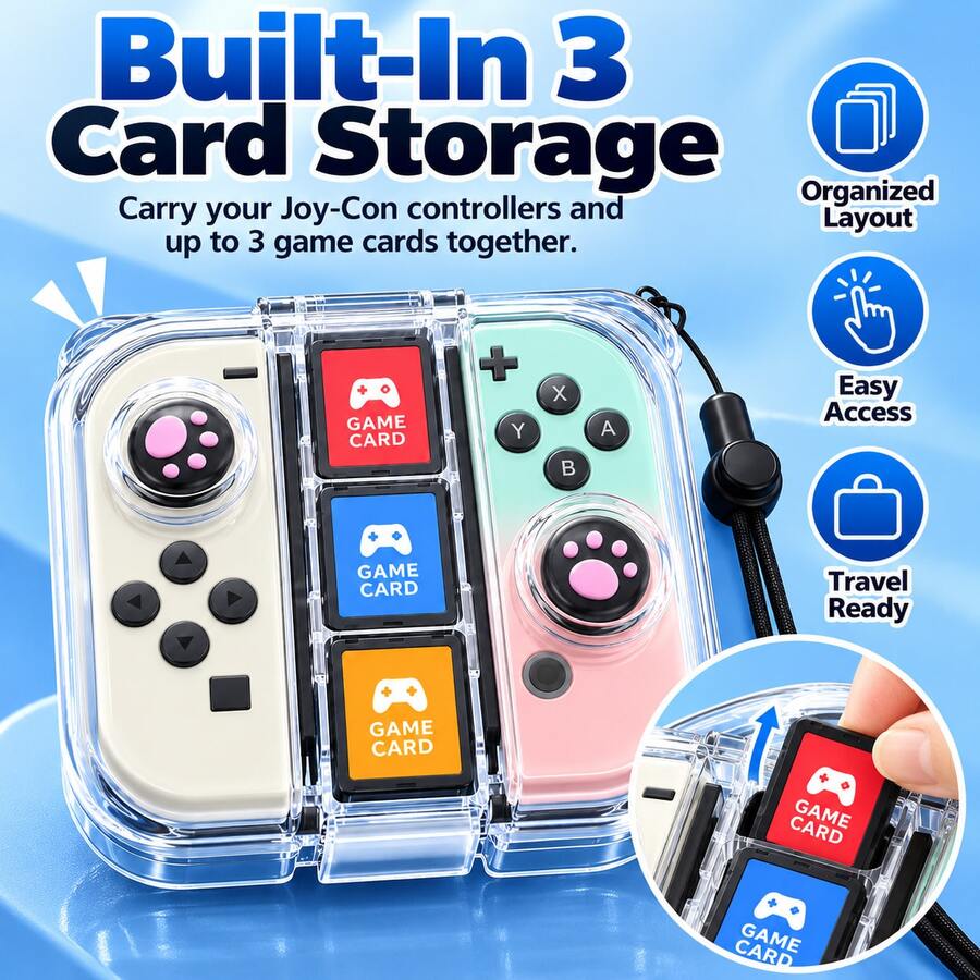 1pc Transparent Game Controller Storage Box, Portable Hard Shell Carrying Case, Includes 3 Game Card Slots, Extra Joystick Space, With Wrist Strap, Compact Game Accessories Storage Box, Suitable For Travel - View 1