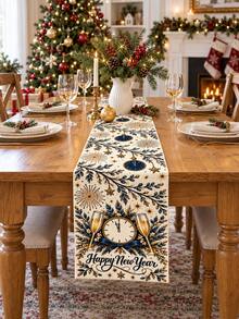 1pc Happy New Year Table Runner, Navy Blue & Gold Clock, Champagne Glass & Firework Print, Elegant Countdown Party Table Decoration For New Year's Eve Dinner, Kitchen, Dining Room & New Year Home Decor - Multicolor - View 8