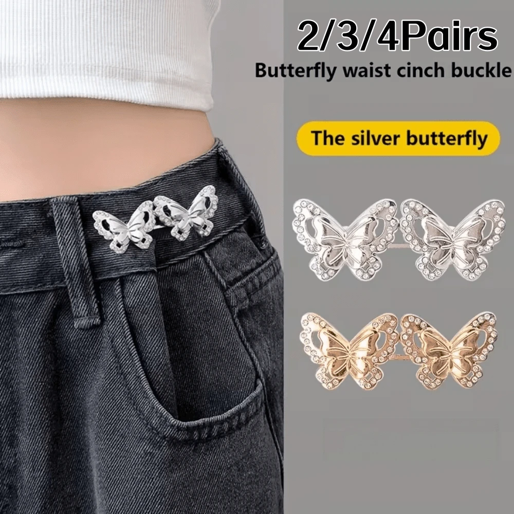 2/3/4Pairs Rhinestone Butterfly Waist Tightener, Loose Jeans Waist Button, Seamless And Tool-Free Jeans Tightener, Adjustable Button, Butterfly Instant Button Pin