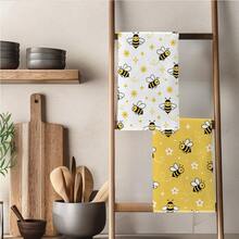 Cartoon Bee & Flower Pattern Kitchen Towel 2 Pieces Set, 40*60cm Soft Microfiber Material, Suitable For Home Kitchen Restaurant Outdoor Camping Tabletop Cleaning Dish Cloth Hand Towel Accessories, Fresh Pastoral Style Kitchen Towel Holiday Gift - Multicolor - View 8