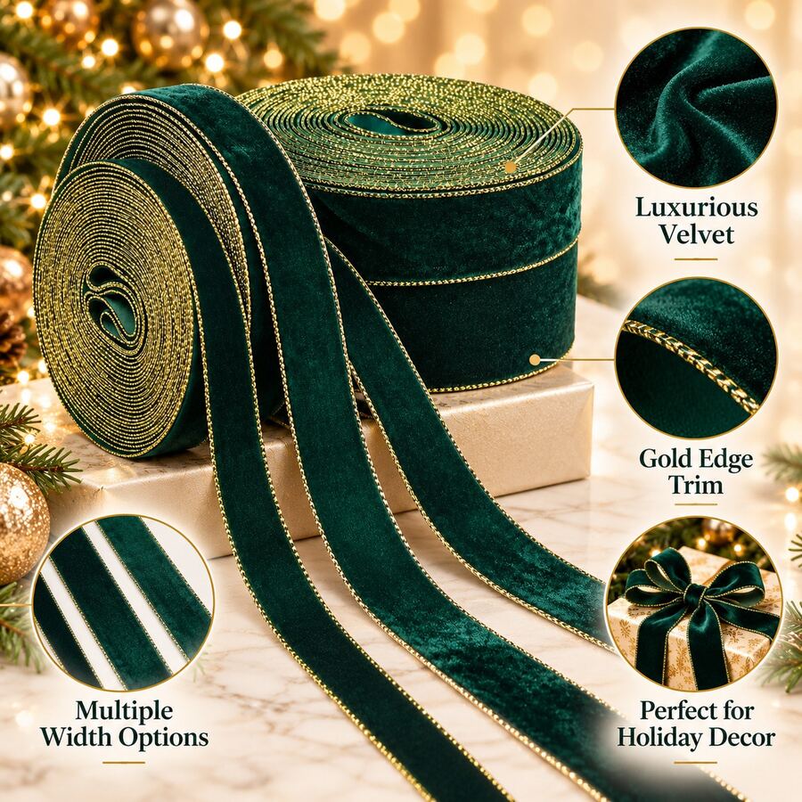 1 cuộn ruy băng satin nhung viền vàng màu xanh đậm 5 yard, nhiều kích cỡ, mềm mịn, phụ kiện quần áo handmade DIY, ruy băng gói quà, ruy băng thắt nơ, ruy băng trang trí Giáng Sinh (không kèm lõi giấy) - Xanh đậm - Xem 1
