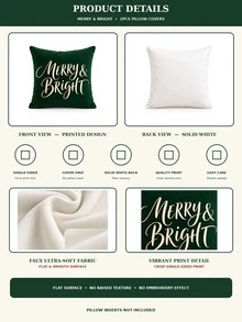 Christmas Pillow Covers 2pcs Solid Green MERRY & BRIGHT Artistic Text Sofa Cushion Covers Pillow Inserts Not Included - Multicolor - View 9