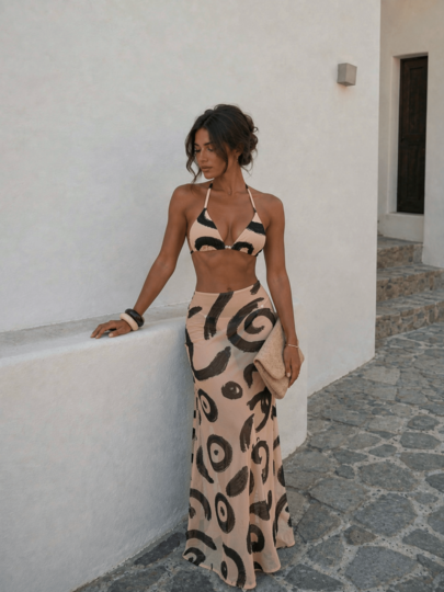 SwimNova Conjunto de bikini de 3 piezas con estampado abstracto para mujer, bikini de triángulo con cuello halter + pantalones de malla estampados, traje de baño para vacaciones de verano en la playa