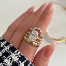 4pcs Versatile Gold Oval Cubic Zirconia Rings Set, Suitable For Daily Wear, Formal Events, Can Be Worn Alone Or Stacked, Also Suitable As Gifts - Gold - View 8